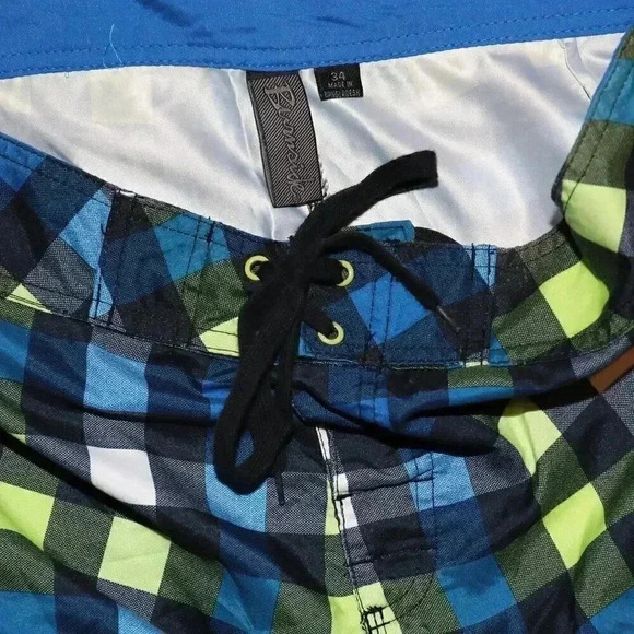 Burnside Blue Lime Green Checkered Swim Trunks Size 34 Summer Beach Board Shorts - Picture 2 of 4